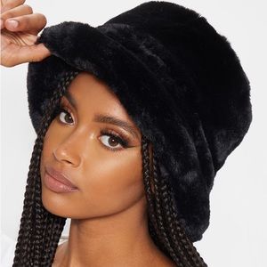 Black furry bucket hat